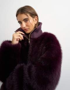 Faux fur funnel neck jacket in aubergine