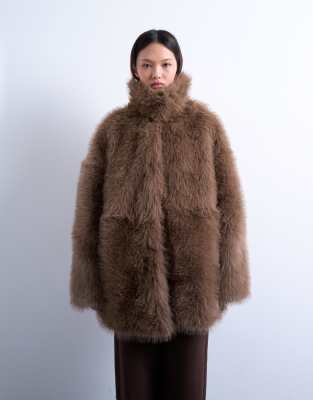 Topshop Faux Fur Funnel Neck Mid-length Coat In Brown