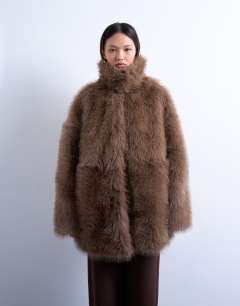 Faux fur funnel neck mid length coat in mink