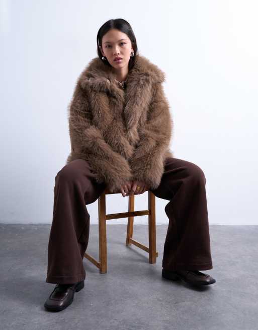 Topshop faux fur funnel neck mid length coat in mink