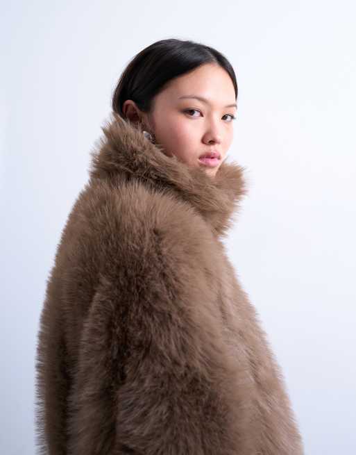 Topshop faux fur funnel neck mid length coat in mink