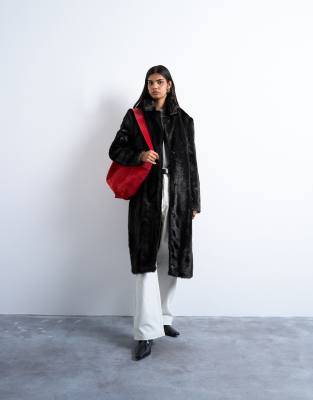 Topshop Faux Fur Going Out Longline Coat In Black