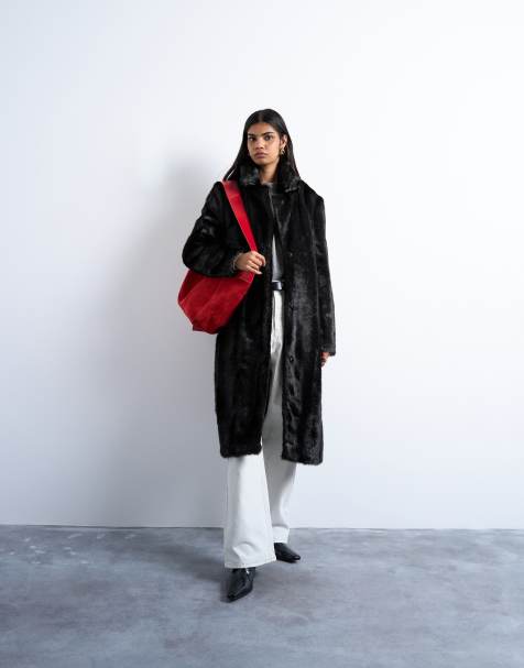 Topshop faux fur going out longline coat in chocolate - view 1