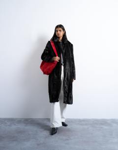 Faux fur going out longline coat in chocolate