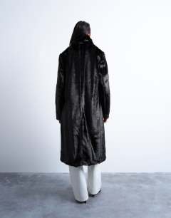 Model wearing Faux fur going out longline coat in chocolate