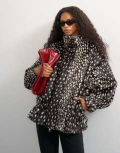 Faux fur high neck cinch jacket in brown deer print