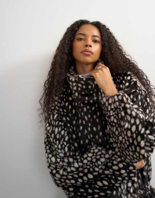 Topshop faux fur high neck cinch jacket in brown deer print, 3 of 4