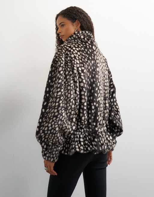 Topshop faux fur high neck cinch jacket in brown deer print, 4 of 4