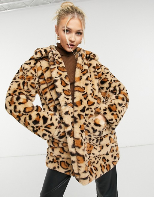 Topshop faux fur jacket in leopard print