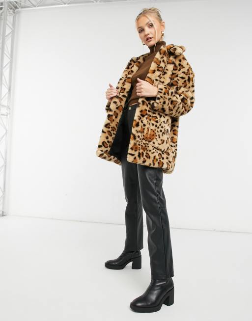 Topshop faux fur jacket in leopard print