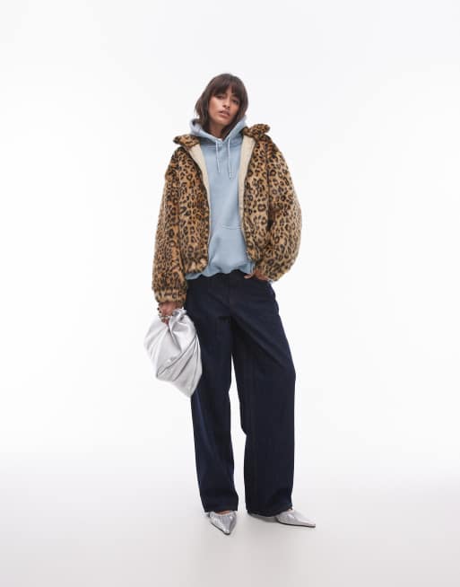 Topshop faux fur leopard print zip through bomber jacket in