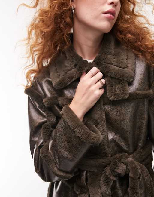 Topshop faux fur long aviator coat in olive | ASOS