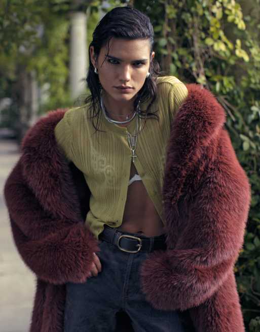 Topshop faux fur long coat in burgundy | ASOS