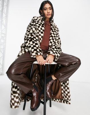 Topshop faux fur long coat in checkerboard print