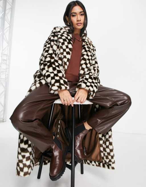 Topshop faux fur long coat in checkerboard print ASOS