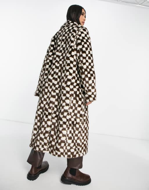 Topshop faux fur long coat in checkerboard print, 2 of 4