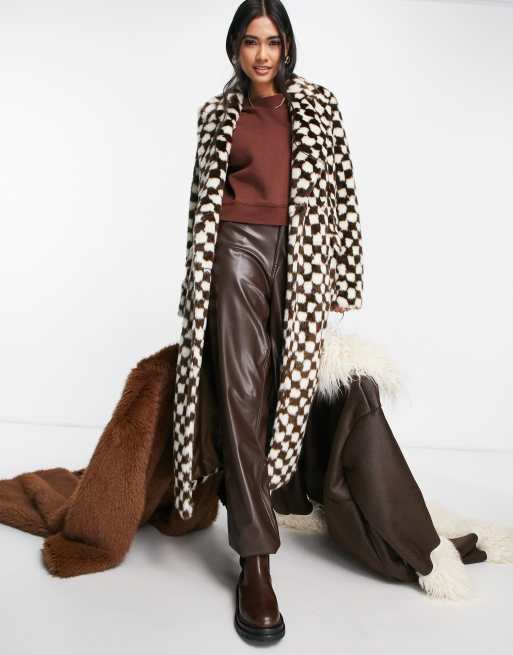 Topshop faux fur long coat in checkerboard print, 3 of 4