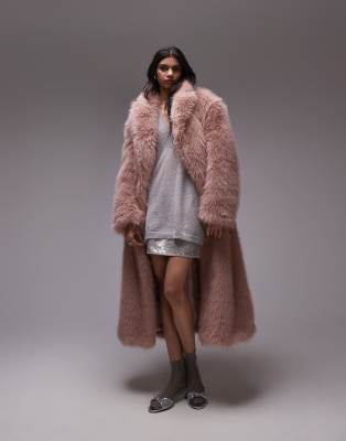 faux fur long coat in pink