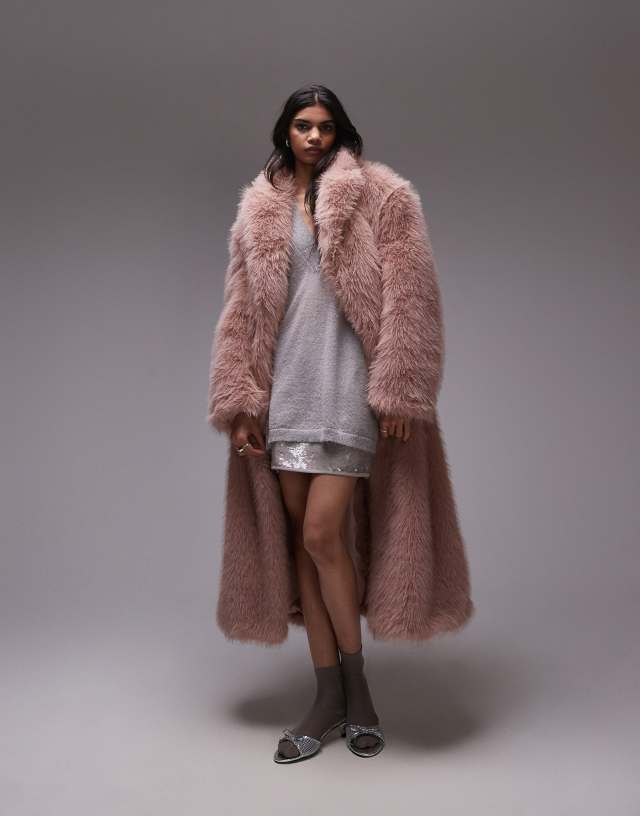 Topshop faux fur long coat in pink | ASOS