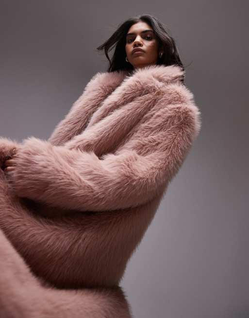 Topshop faux fur long coat in pink