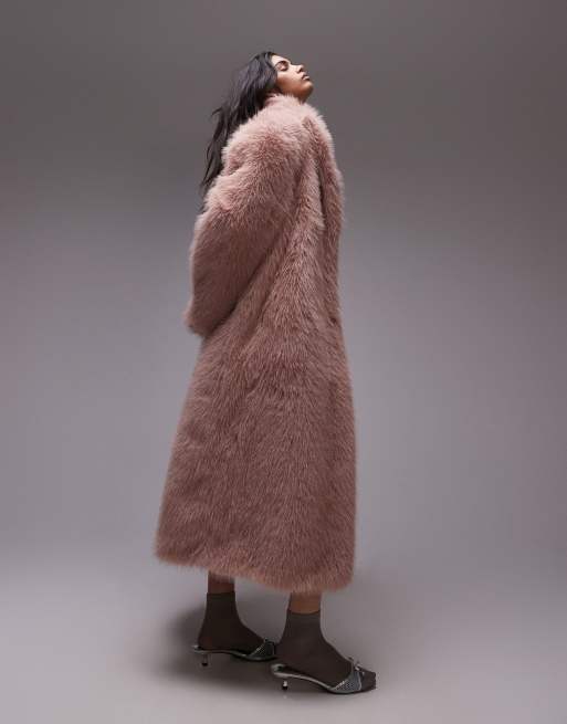 Topshop faux fur long coat in pink