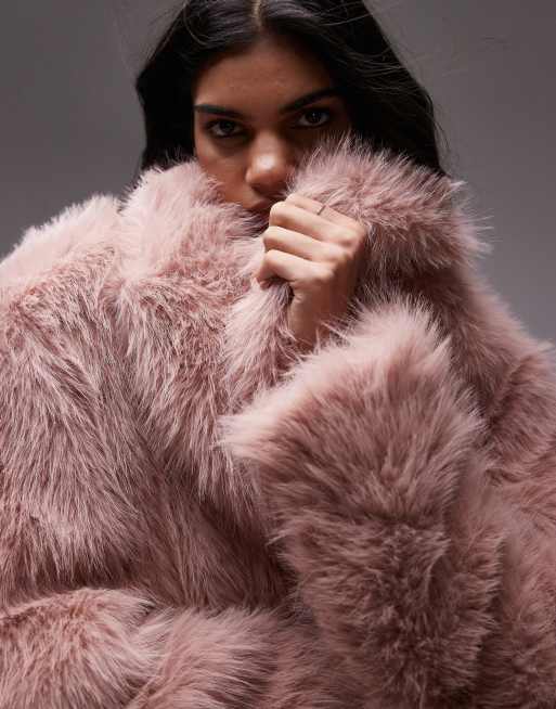 Topshop faux fur long coat in pink