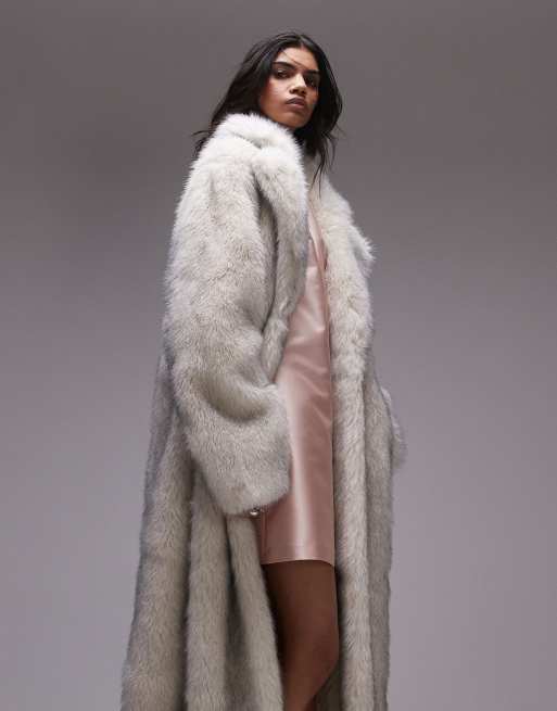 Topshop faux fur long coat in tipped white ASOS