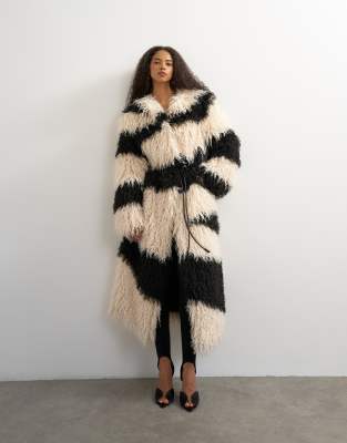Topshop Faux Fur Long Collarless Coat In Multi