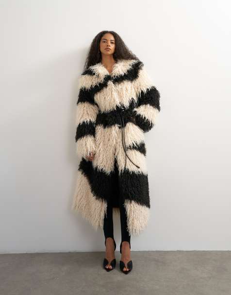 Topshop faux fur long collarless coat in mono print - view 1