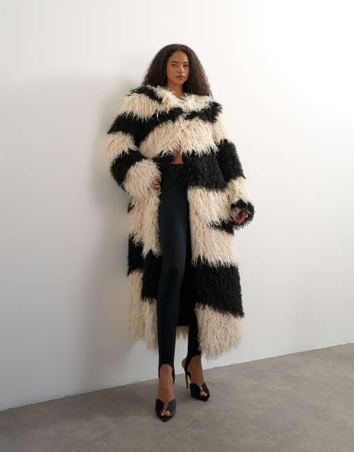 Topshop faux fur long collarless coat in mono print, 4 of 4