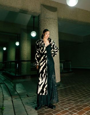 Topshop faux fur long-line belted coat in zebra print