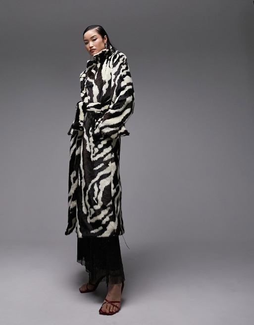 Topshop faux fur long-line belted coat in zebra print