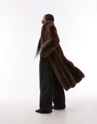 Topshop faux fur long line coat in brown stripe