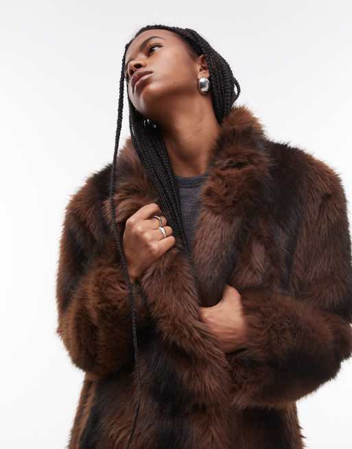 Topshop faux fur long line coat in brown stripe ASOS