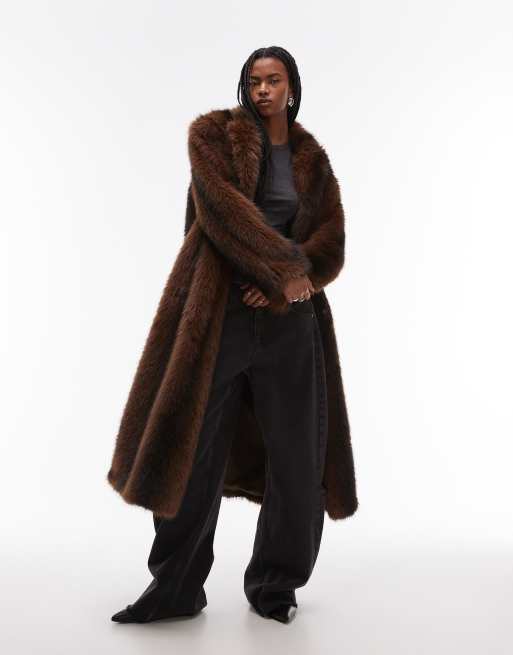 Topshop faux fur long line coat in brown stripe, 3 of 4