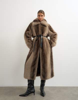 Topshop Faux Fur Long Line Coat With Faux Leather Belt In Brown
