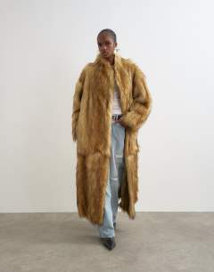 Faux fur long natural coat in brown