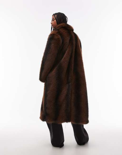 Topshop faux fur longline coat in brown stripe