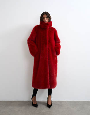 Topshop Faux Fur Longline Coat In Red