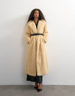 Faux fur longline coat with faux leather belt in beige