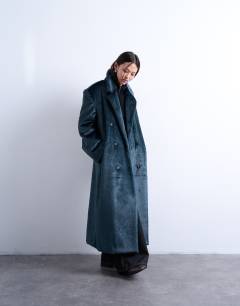 Faux fur longline double breasted coat in teal
