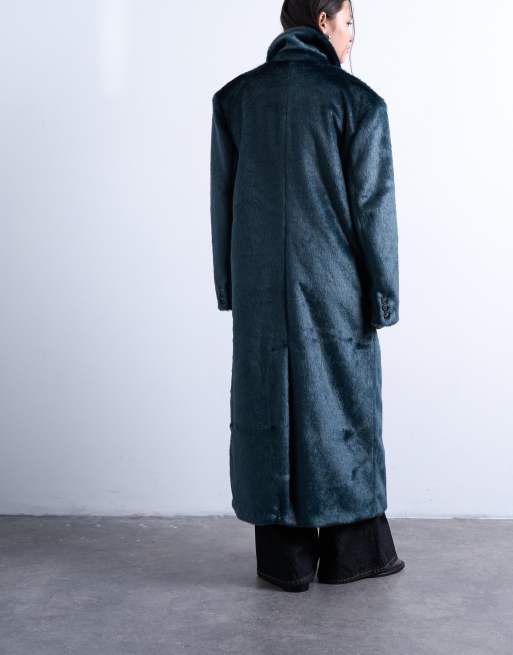 Topshop faux-fur longline double-breasted coat in teal, 3 of 4