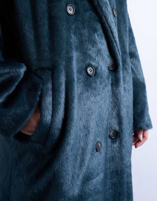 Topshop faux-fur longline double-breasted coat in teal, 4 of 4