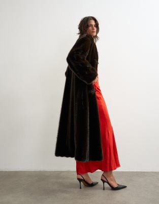 Topshop Faux Fur Longline Jacket With Knot Fastening In Brown