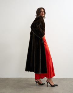 Faux fur longline jacket with knot fastening in dark brown