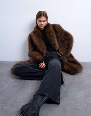 Topshop Faux Fur Longline Striped Coat In Brown