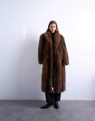 Topshop Faux Fur Longline Striped Coat In Brown