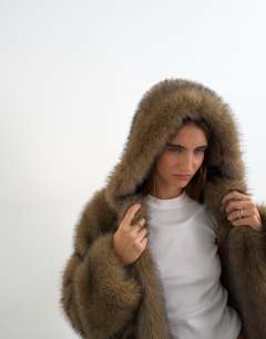Model wearing Faux fur longline toggle coat in brown