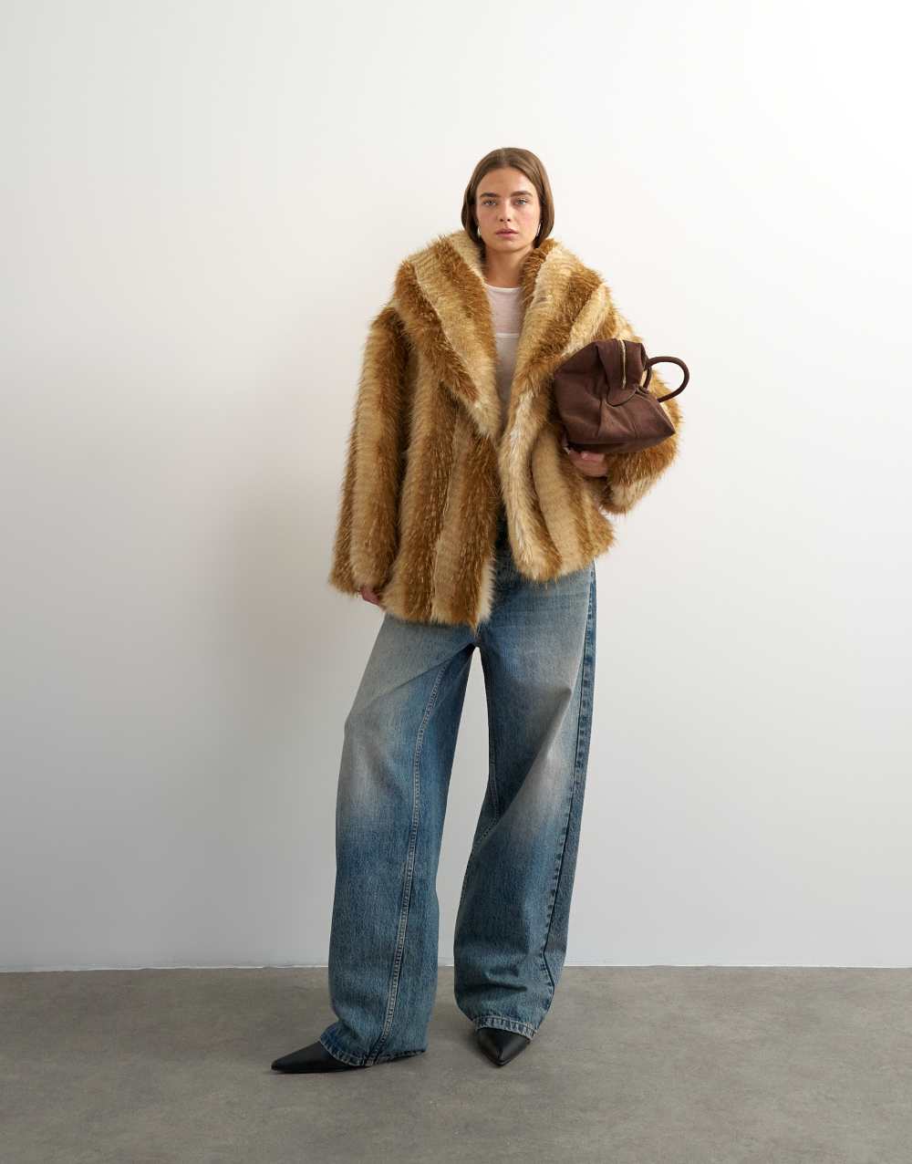 Topshop faux fur mid length coat in brown