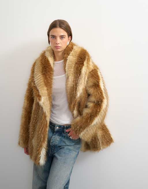 Topshop faux fur mid length coat in brown, 2 of 4